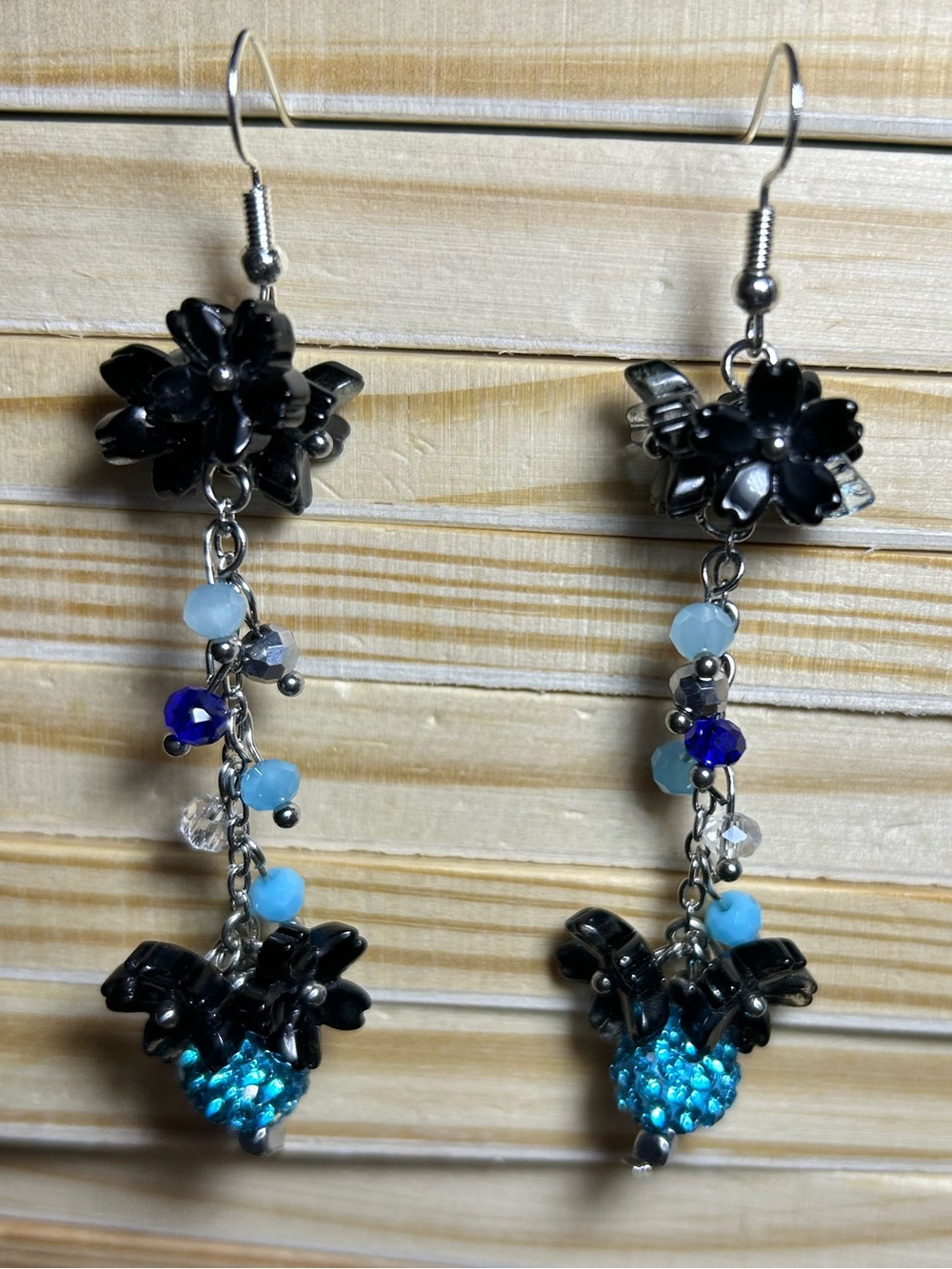 3/$25 Black Flowers with Blue Accents Drop Earrings